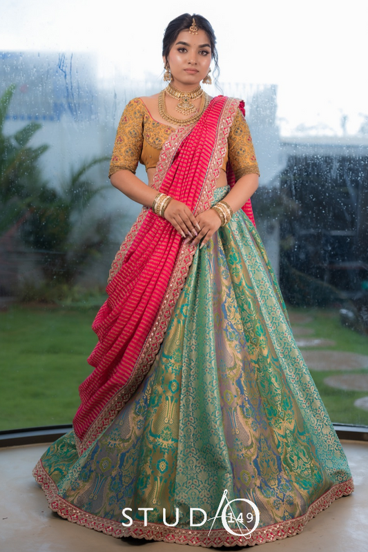 Turquoise Banarasi Multipanel Lehenga | Bridal / Reception Wear by Studio 149, Chennai