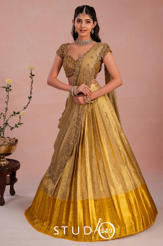 Kanjeevaram half saree in gold | Bridal / Engagement wear by Studio 149, Chennai