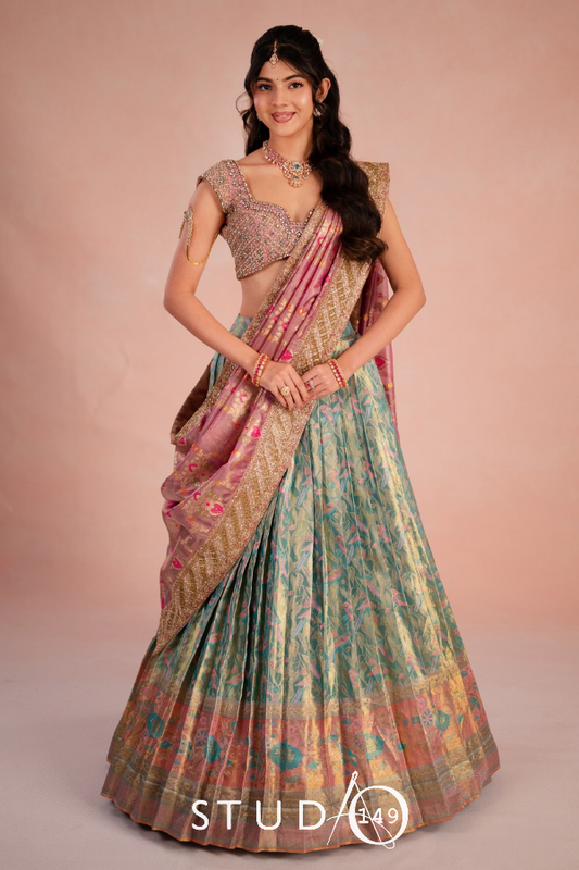 Kanjeevaram half saree in pink and blue | Bridal / Engagement wear by Studio 149, Chennai