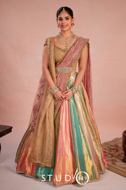 Kanjeevaram multi- panel lehenga in pastel | Engagement / Bridal wear by Studio149, Chennai