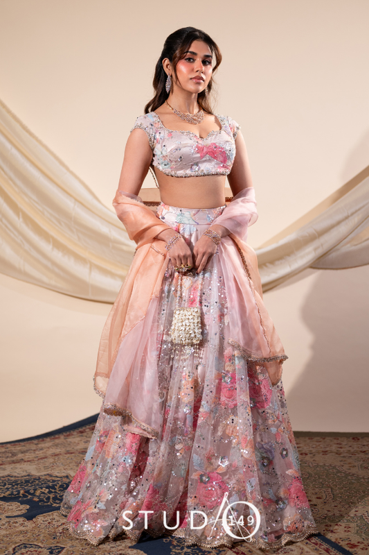 Floral lehenga in Pink | Sangeet / Cocktail wear by Studio149