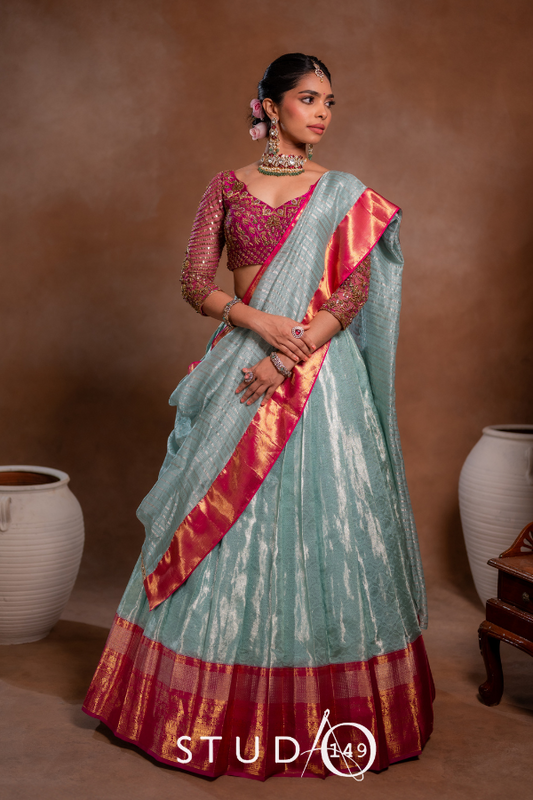 BRIDAL KANJEEVARAM HALF SAREE IN MAGENTA AND BLUE