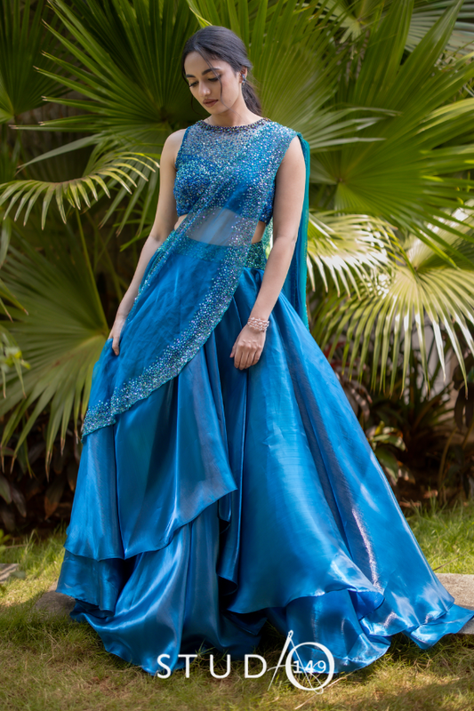 Designer Crop top and Skirt Set in Blue| Bridal wear for Cocktail/ Sangeet by Studio 149, Chennai