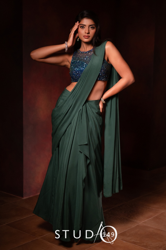 DESIGNER DRAPED SAREE IN TEAL GREEN