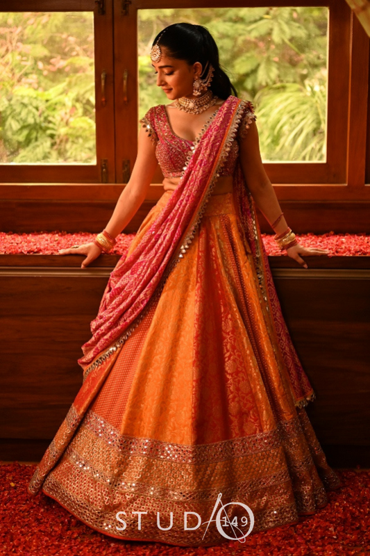 BRIDAL PANELLED BROCADE LEHENGA IN PINK AND ORANGE