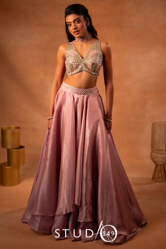 Dusty pink liquid organza lehenga | Sangeet / Cocktail wear by Studio149