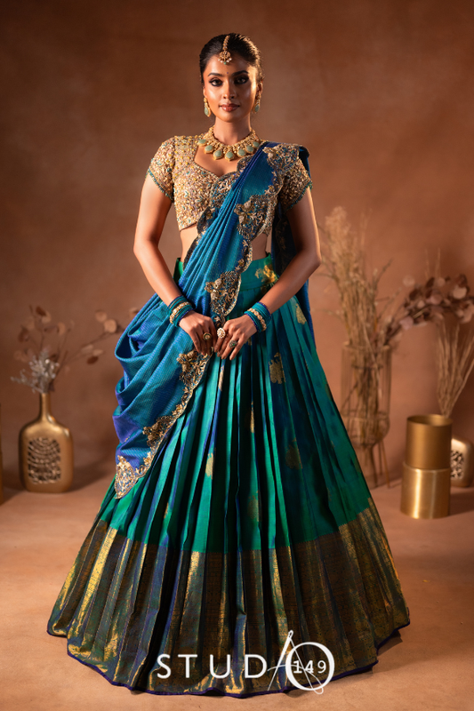 Kanjeevaram half saree in blue & silver | Bridal / Engagement wear by Studio 149, Chennai