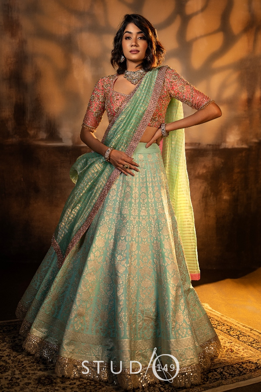 BRIDAL BANARAS LEHENGA IN MINT GREEN