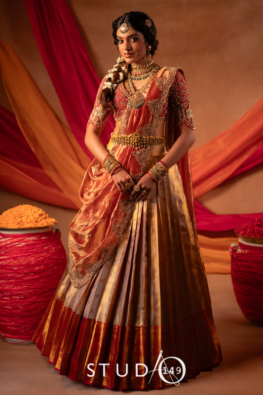 Kanjeevaram half saree in rust & gold | Bridal / Engagement wear by Studio 149, Chennai