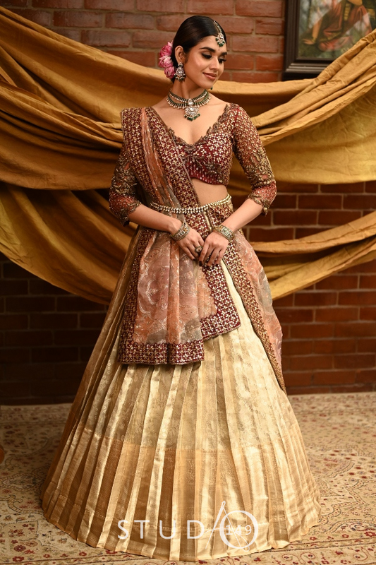 BRIDAL KANJEEVARAM HALF SAREE IN MAROON AND PEACH