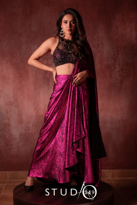 DESIGNER COCKTAIL SAREE IN METALLIC PINK