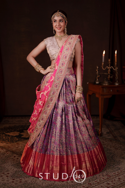 BRIDAL KANJEEVARAM HALF SAREE IN MAUVE AND PURPLE