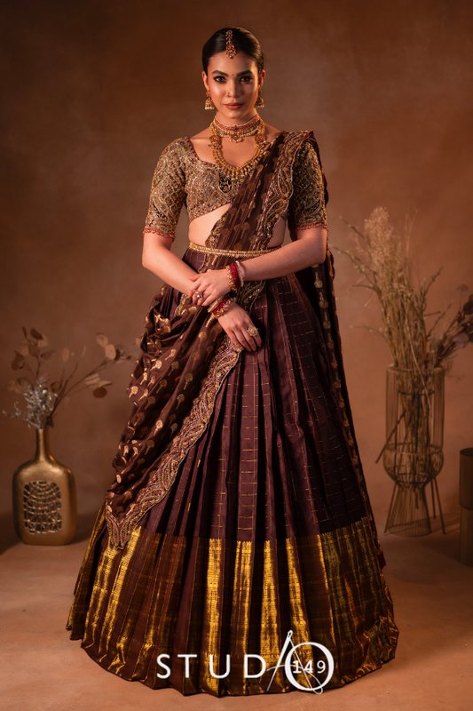 Kanjeevaram half saree in brown & gold | Bridal / Engagement wear by Studio 149, Chennai
