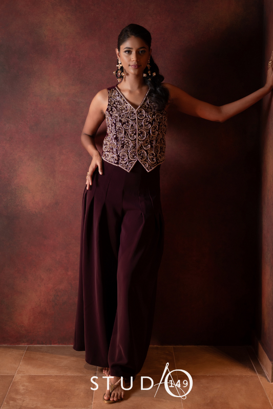 DESIGNER WAISTCOAT AND PANT IN DEEP PLUM
