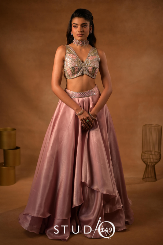 Dusty pink liquid organza lehenga | Sangeet / Cocktail wear by Studio149