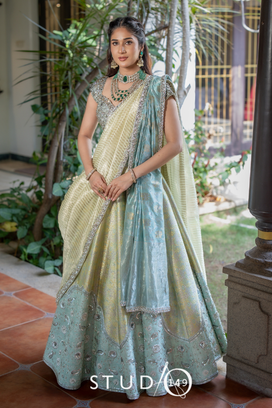 Bridal Brocade Lehenga in Pastel green and blue| Wedding Lehenga in Chennai by Studio149