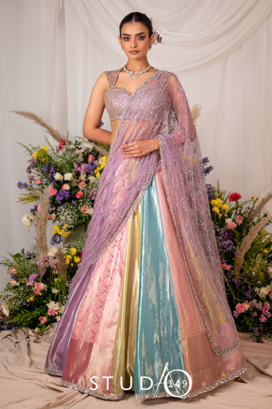 Kanjeevaram multi- panel lehenga in pastel | Engagement / Bridal wear by Studio149, Chennai