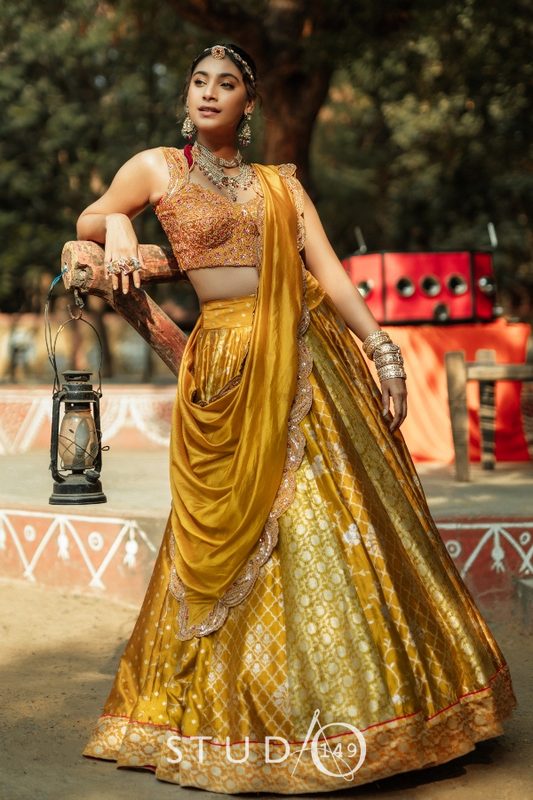 DESIGNER PANELED LEHENGA IN YELLOW