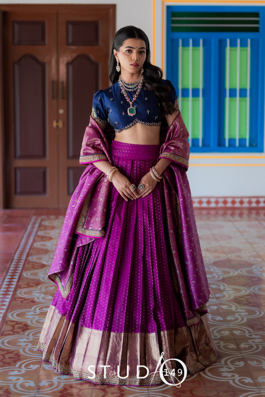 BRIDAL KANJEEVARAM HALF SAREE IN NAVY BLUE AND PURPLE