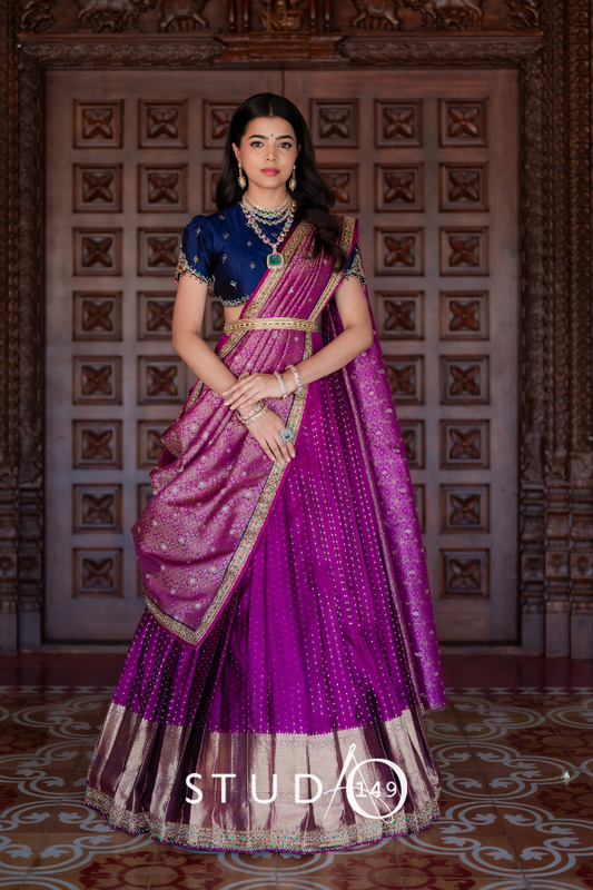 BRIDAL KANJEEVARAM HALF SAREE IN NAVY BLUE AND PURPLE