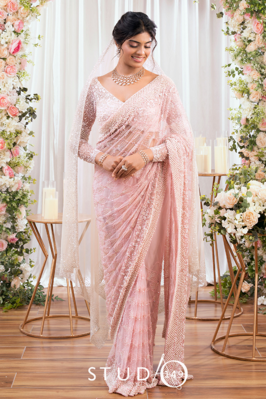 CONTEMPORARY DESIGNER TULLE SAREE IN BLUSH PINK