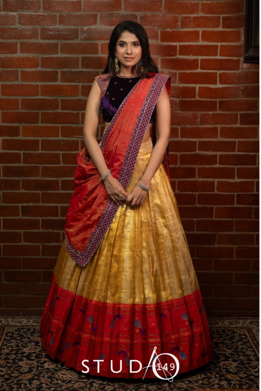 BRIDAL KANJEEVARAM HALF SAREE IN PURPLE AND GOLD