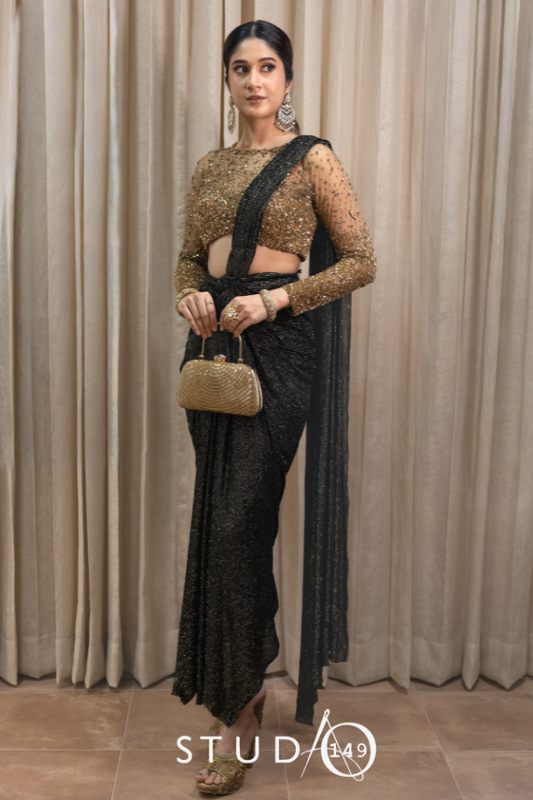 DESIGNER DRAPED SAREE IN BLACK