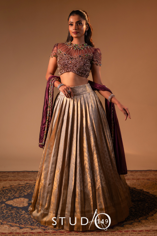 Kanjeevaram half saree in violet & gold | Bridal / Engagement wear by Studio 149, Chennai
