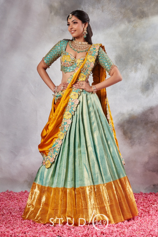 BRIDAL KANJEEVARAM HALF SAREE IN MUSTARD AND GREEN