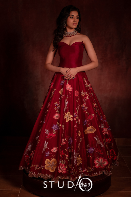 Maroon floral corset lehenga | Bridal wear for Cocktail/ Sangeet/ Haldi / Mehandi by STUDIO149, Chennai
