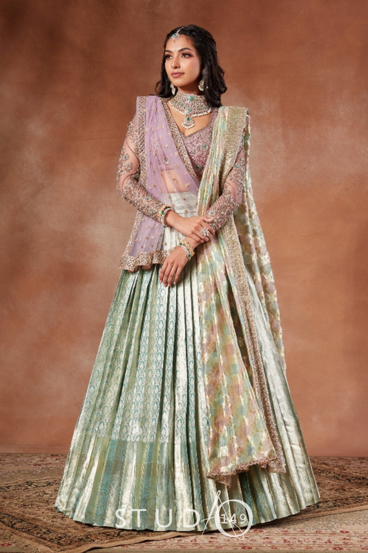 BRIDAL KANJEEVARAM HALF SAREE IN LILAC AND GREEN
