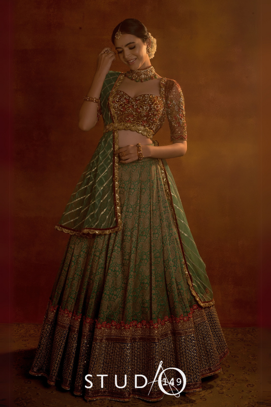 BRIDAL BANARES SILK LEHENGA IN GREEN