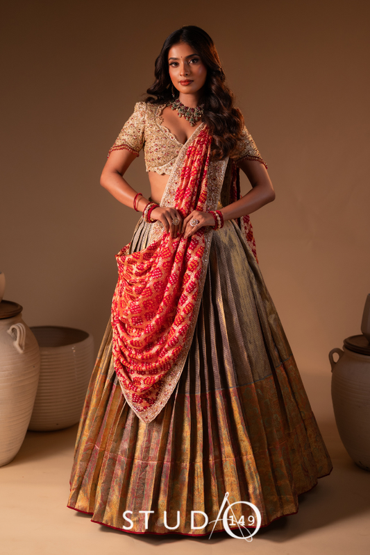 Kanjeevaram half saree in off-white & maroon | Bridal / Engagement Wear by Studio 149, Chennai