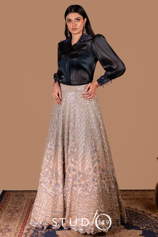 Navy Blue Organza Embellished  Shirt  for Sangeet & Cocktail | Studio149, Chennai