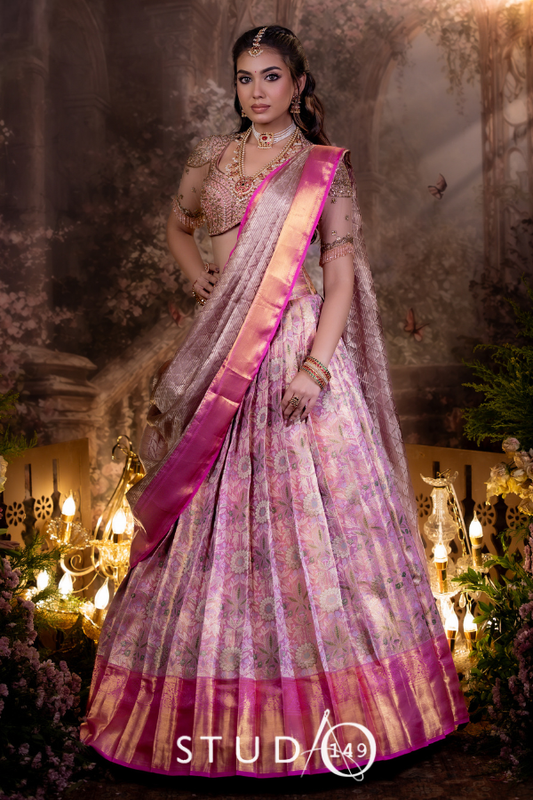 Pink Bridal Kanjivaram Half Saree  | Bridal & Engagement Wear by Studio 149, Chennai