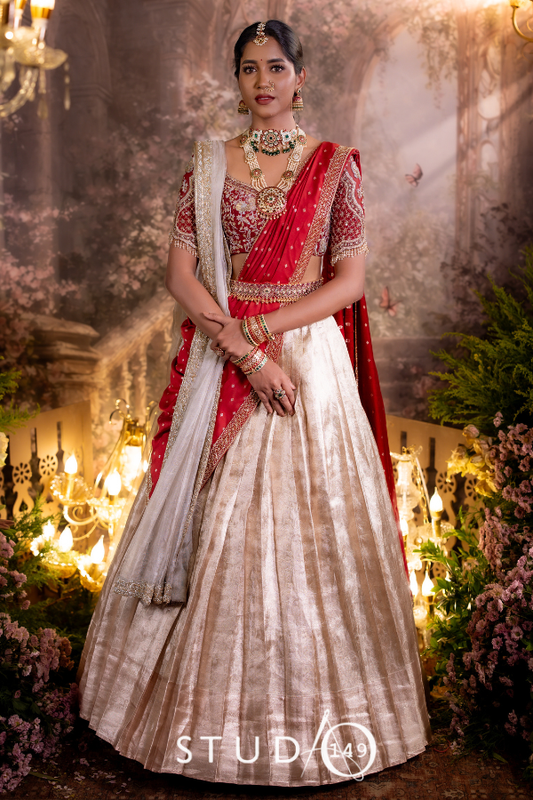 Silver and Maroon Bridal Kanjivaram Half Saree  | Bridal & Engagement Wear by Studio 149, Chennai