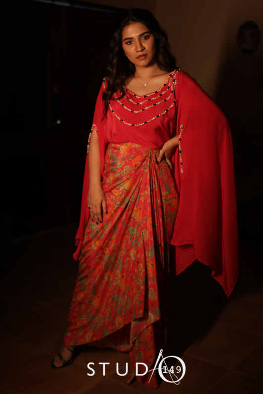 Pink Silk Crepe Top with Drape Skirt | Sangeet | Cocktail | Studio 149 | Chennai