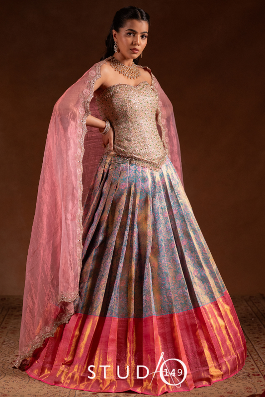 Pastel Corset Bridal Kanjivaram Half Saree  | Bridal & Engagement Wear by Studio 149, Chennai