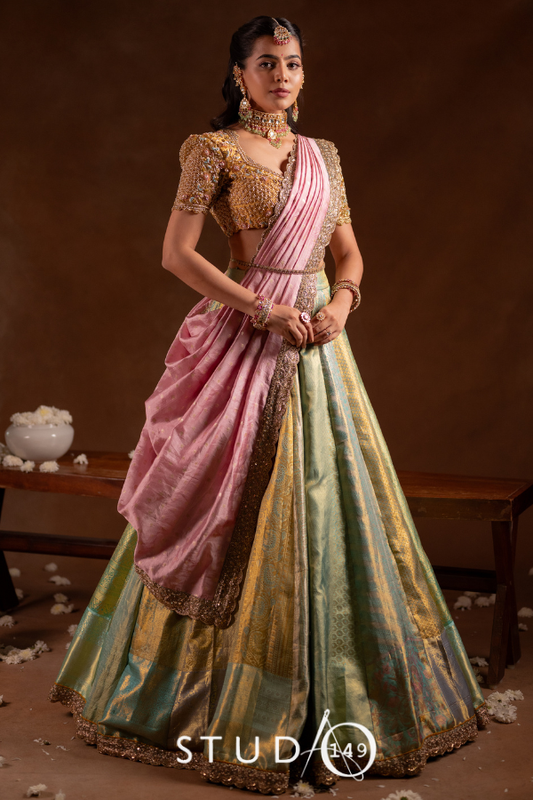 Bridal Kanjeevaram Multi- Panel Lehenga in Pastel Green | Bridal & Engagement Wear by Studio 149, Chennai