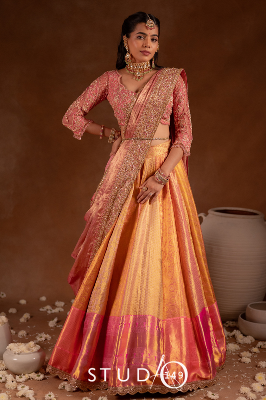 Bridal Kanjeevaram Multi- Panel Lehenga in Soft Pink | Bridal & Engagement Wear by Studio 149, Chennai