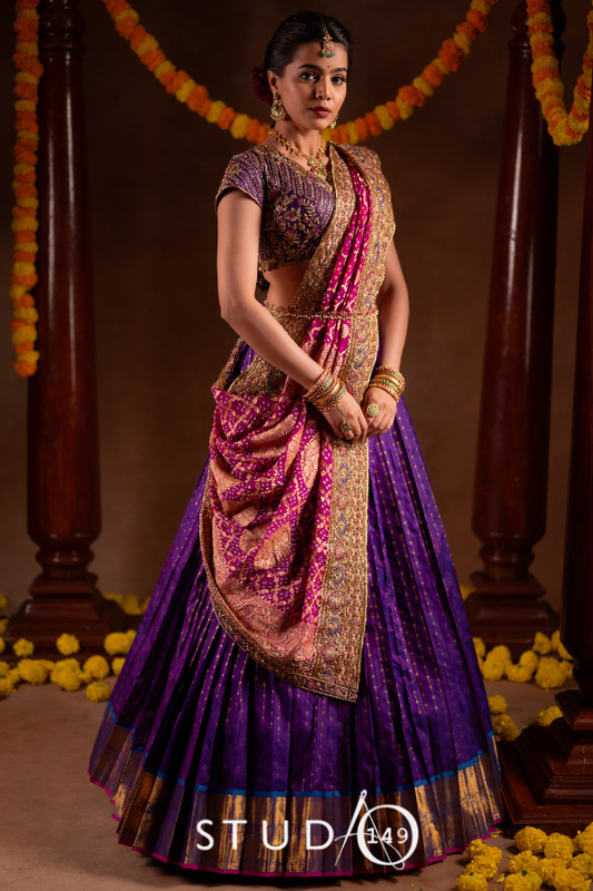 Blue & Pink Bridal Kanjivaram Half Saree  | Bridal & Engagement Wear by Studio 149, Chennai