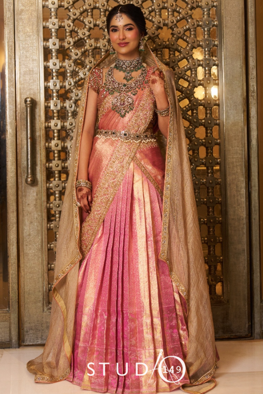 Signature Peach Bridal Kanjivaram Half Saree  | Bridal & Engagement Wear by Studio 149, Chennai
