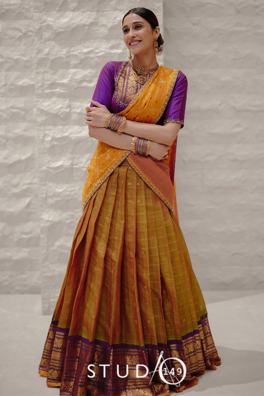 Mustard Chanderi Half Saree | Reception & Engagement Wear by Studio 149, Chennai