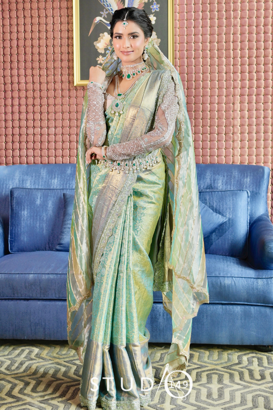 Blue Bridal Muhurtam Saree | Bridal Engagement and reception wear by Studio149, chennai