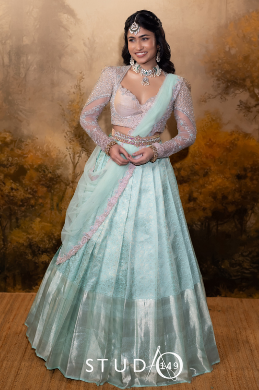 Bridal Kanchipuram Half Saree in Pastel Blue and Beige| Bridal Engagement and reception wear by Studio149, Chennai