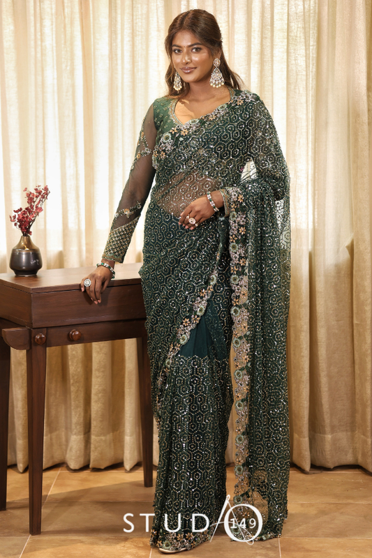 Emerald Green Hand-Embroidered Designer Saree | Reception wear | Studio149