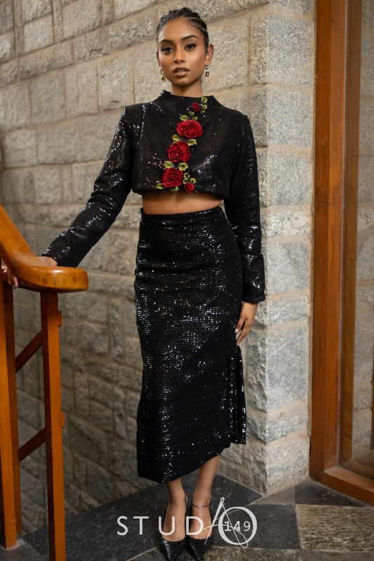 DESIGNER EMBELLISHED CO ORD SET IN BLACK