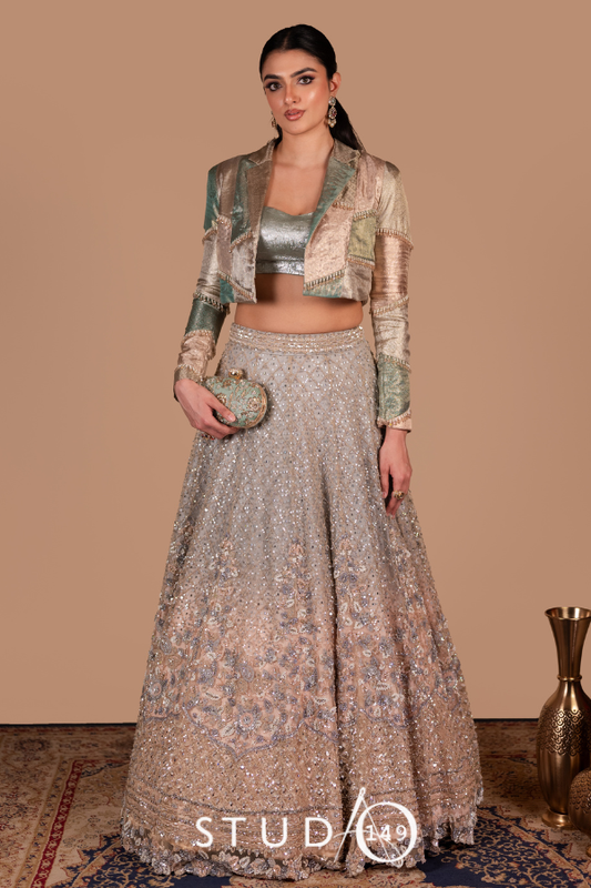 Pastel Patchwork Kanjeevaram Silk Blazer with Crystal Bead Detailing | Studio 149