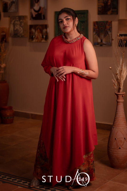 DESIGNER ONE SHOULDER TOP AND PANTS IN RUST