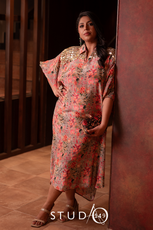 DESIGNER PRINTED DRESS IN GREY